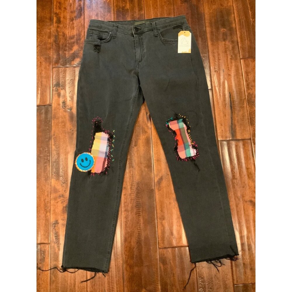 Joe’s Jeans Black Boyfriend Slim Denim Jeans Plaid Patches Distressed, Size 30